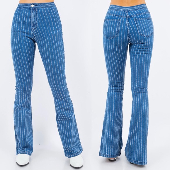 NWT Rhinestone Jeweled High-Rise Blue Jean Boot Cut Flare Pants